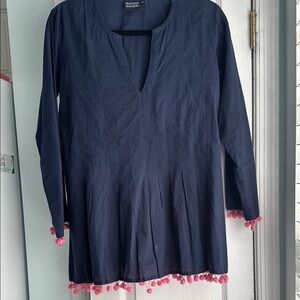 Blue Ruffled Long Sleeve Tunic with Mandarin Collar